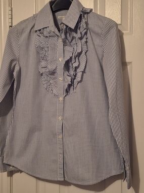 Banana Republic Light Blue and White Ruffle Button-Down Shirt